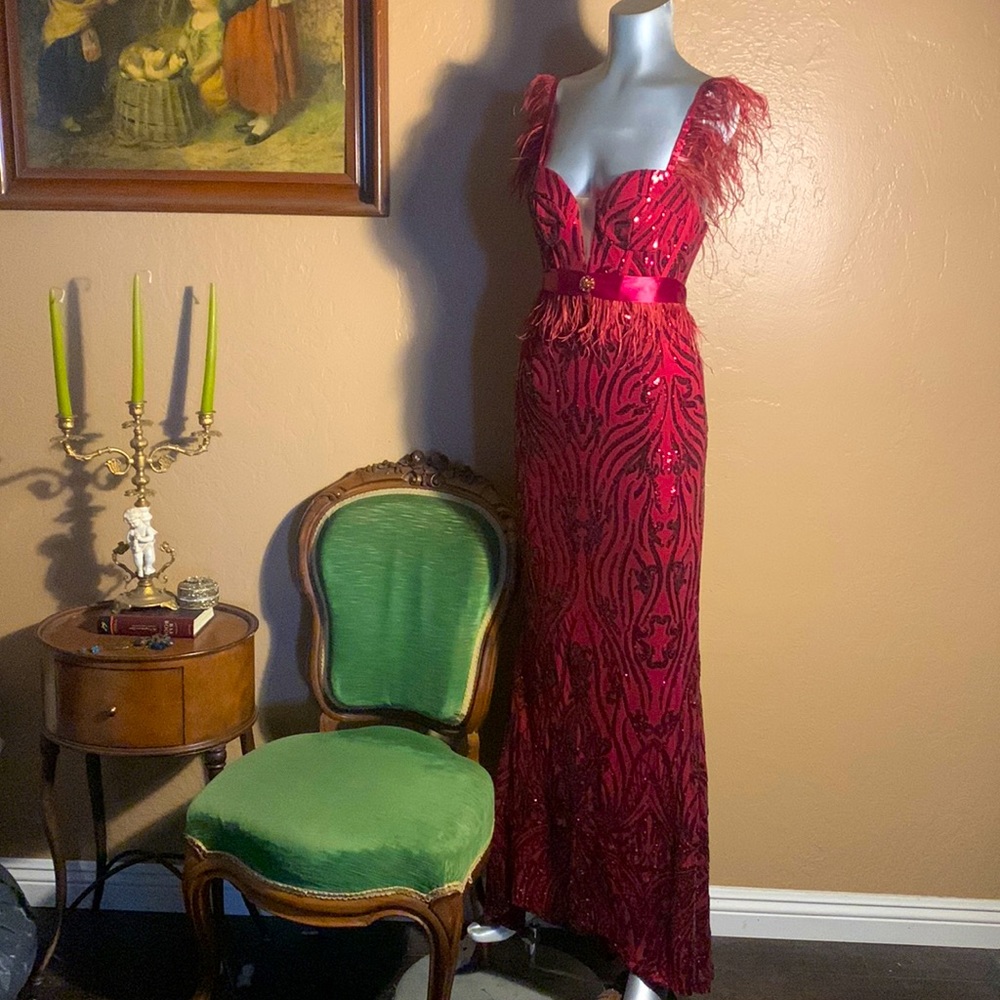 Vintage Galina Signature Burgandy Sequin/Feather Gown.  Sz 2